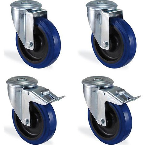 Lot de 4 roulettes à œil pivotantes 80mm – Charge 240kg – Caoutchouc élastique bleu – Pour sols durs et surfaces lisses – HTR (1/2)