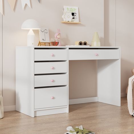 DESMIU Bureau droit avec 5 tiroirs de rangement, poignées en céramique rose, pour chambre et bureau, blanc, 120 × 45 × 74 cm (1/5)