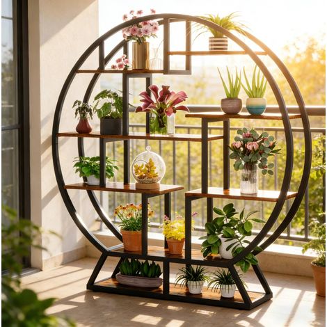 Étagère ronde pour plantes et exposition en métal et bois, 8 tablettes 150 x 30 x 158 cm (1/5)