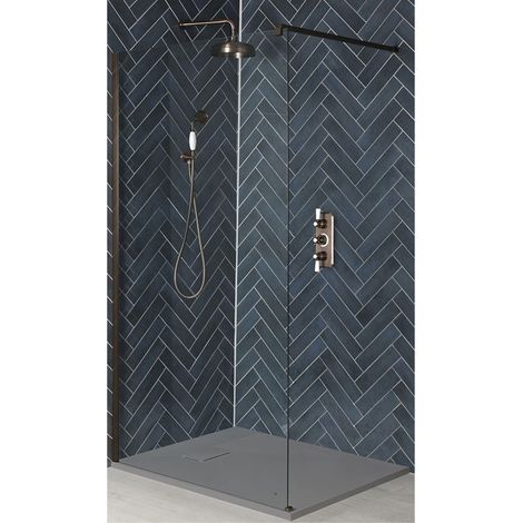 Milano Rosso Matte Bronze Walk In Wet Room Shower Enclosure with Screen  Support Arm and Light Grey Slate Effect Tray - 1200mm x 800mm