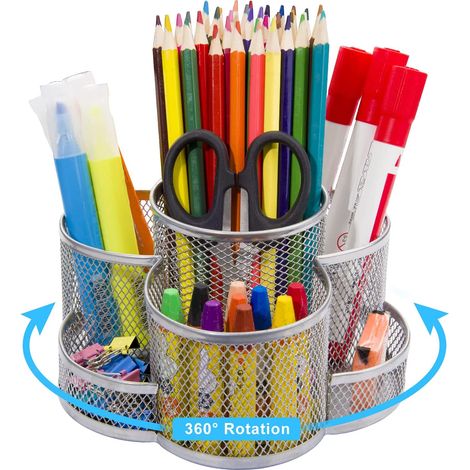 Support Pour Stylos - Organiseur De Bureau À Rotation 360° - 7 Compartiments - En Métal Anti-Rouille - Pour Bureau École Atelier - 1 Pièce (1/5)