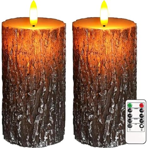 Lot de 2 bougies sans flamme vacillantes de Noël sans flamme avec télécommande et minuteur, à intensité variable, en cire véritable, fonctionne avec piles, décoration d'intérieur (écorce (1/5)