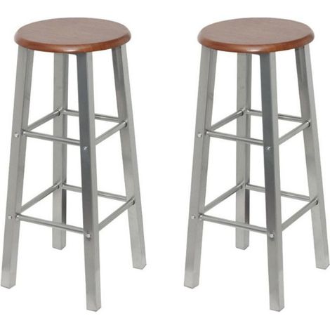 Tabouret de bar rond bois marron et métal gris Luis - Lot de 2 (1/5)
