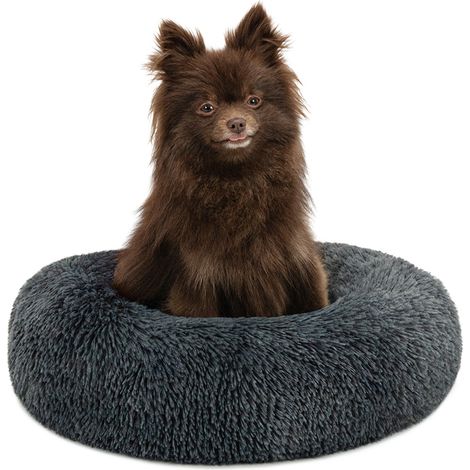lionto Donut Hundebett, rundes Hundesofa mit Plüschbezug & Anti-Rutsch-Noppen, weich & gemütlich, 40 cm Durchmesser, dunkelgrau
