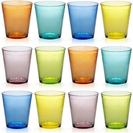 Set 12 Bicchieri in Vetro Multicolore  Arcobaleno 35cl Tumbler per Acqua e Bibite con Texture a Rilievo Design Moderno Confezione Colorata per Casa Bar e Ristorazione  uso Professionale.