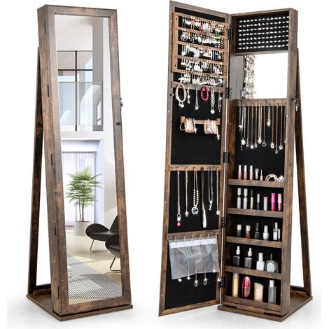 Mobile portagioielli indipendente 38 x 38 x 157,5 cm con specchio a figura intera design elegante e ampio spazio di archiviazione in MDF color caffè 200010396