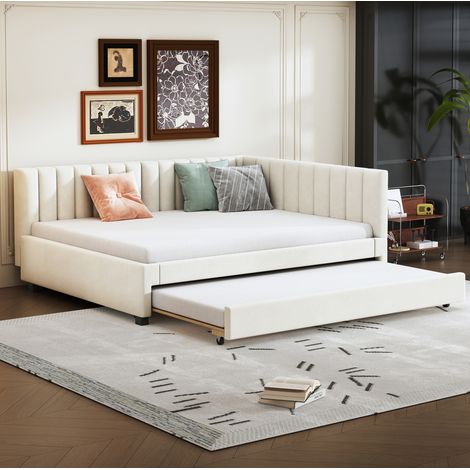 Sofá cama 140x200 cm beige de terciopelo con cama extraíble (1/5)