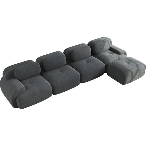 Divano Angolare 388x178x75 cm, 4 Posti, con Braccioli Curvi, Confort Iper-Elastico, in Velluto a Coste, Grigio, per Soggiorno