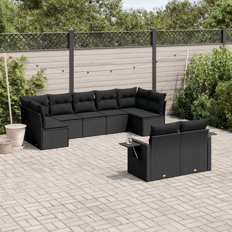 Ensemble de canapé de jardin 9 pièces avec coussins, en polyrotin noir (1/3)