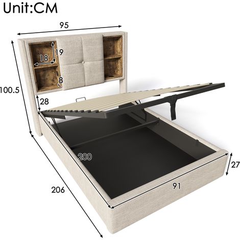 Lit 1 place avec chargeur sans fil USB-C, sommier tapissé 90x200 cm, structure de lit avec tiroirs de rangement, base à lattes en bois - lin beige (matelas inclus) (1/5)