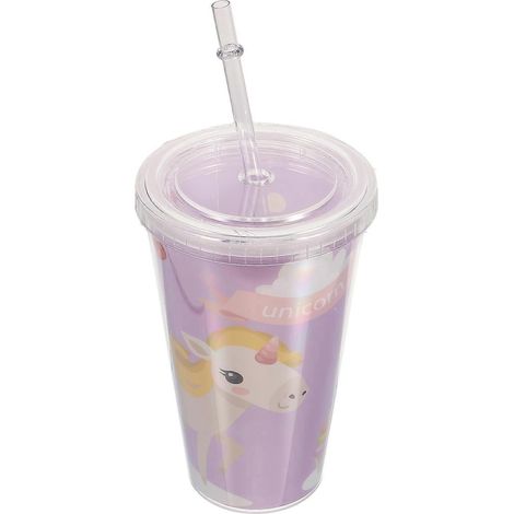 Bouteille d'eau portable de 450 ml avec paille double couche, gobelet en plastique tendance (Licorne joyeuse)-15.5x10x6.5cm (1/3)