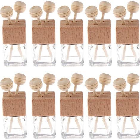 Lot de 10 désodorisants de voiture en verre transparent de 8 ml avec clip et diffuseur, flacons vides d'huiles essentielles et diffuseur, ornement en verre épais avec bouchons en bois, entonnoir et co (1/5)