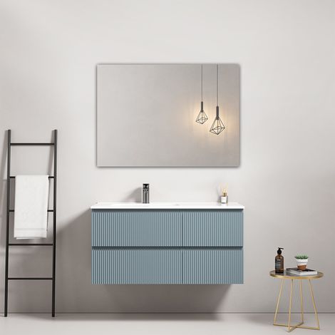 Mobile bagno sospeso cannettato 100 cm Blu Avio Lavabo a Sinistra in Ceramica Specchio Quadro - Fiji Paint (1/4)