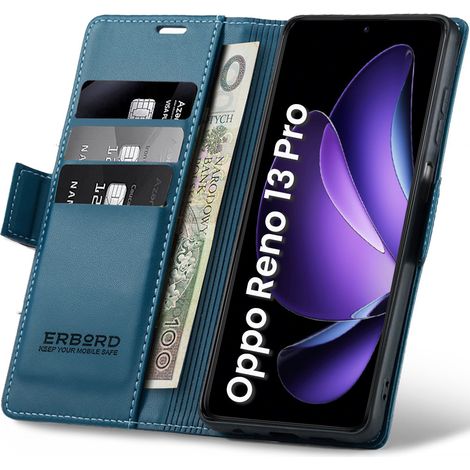 Oppo Reno 13 Pro Hülle, Glänzendes Litschi, Klapphülle mit Brieftaschenfunktion, Blau (1/5)
