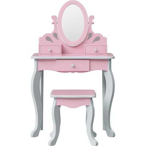 Coiffeuse enfant en bois avec miroir ovale inclinable – 3 tiroirs de rangement – Finition rose et gris – Dimensions 63x32x99,1 cm – Teamson Kids (1/5)