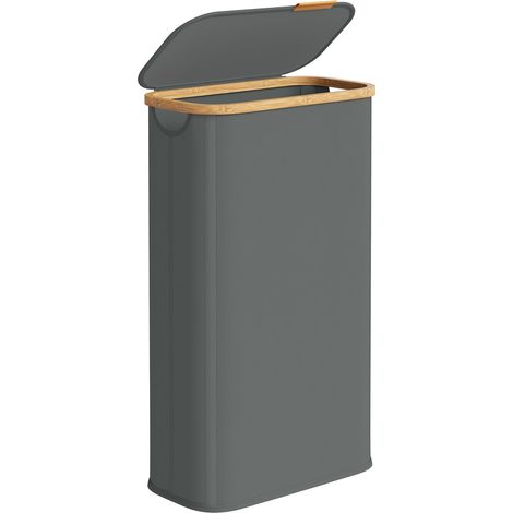 Panier à Linge avec Couvercle, Corbeille Fine, en Tissu Oxford, Pliable, Cadre en Bambou, pour Buanderie, Chambre, Salon, 70 L, 42 x 22,5 x 70,5 cm, Gris Ardoise LCB517GN01 (1/5)