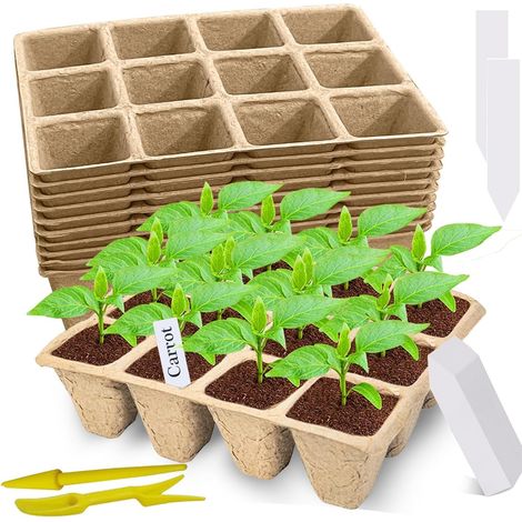 Anzuchtschalen, 10 Stück biologisch abbaubare Anzuchttöpfe, Keimschalen, biologisch abbaubare Pflanztöpfe mit Pflanzenetiketten und Umpflanzwerkzeug (1/5)