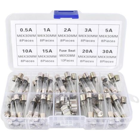 72 fusibili, 6x30mm, in vetro, 9 valori, 250V, con portafusibili, per uso automobilistico