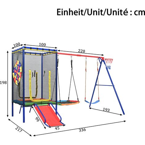 Ensemble de jeux extérieur pour enfants : balançoire nid, toboggan, trampoline et panier de basket, avec filet de protection et écurie – Aire de jeux multifonctionnelle pour jardin, robuste et sécuris (1/5)