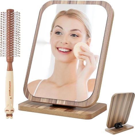 Miroir de Maquillage en Bois avec Peigne, Miroir de Bureau Pliable, Miroir de Table Portable, Miroir sur Pied Rectangulaire, Miroir a Poser pour Chambre, Salle de Bain, Maquillage, Bureau (1/5)