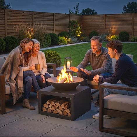 Brasero Ø59 cm de metal negro con estante, diseño moderno para terraza FLORAGRACE (1/5)
