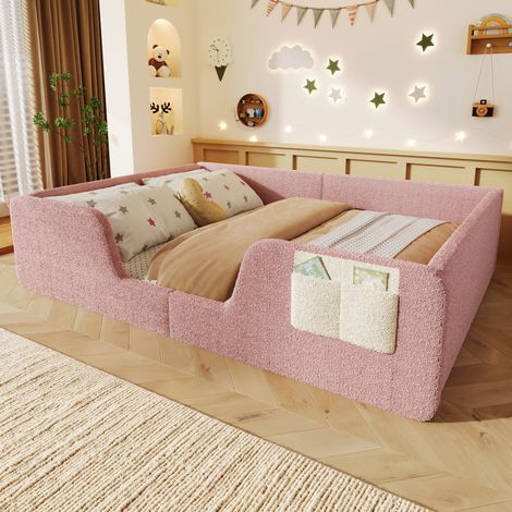 Cama infantil tapizada con barandillas y bolsa rosa HAVRYA (1/5)