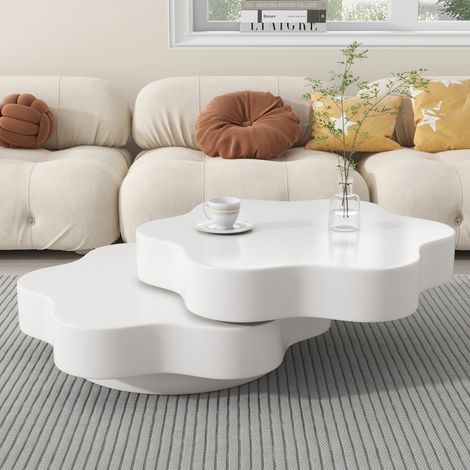 Mesa de centro giratoria con forma de flor (74.8x67.5x31 cm), doble nivel, tablero superior 360° giratorio, MDF, blanco crema (1/5)