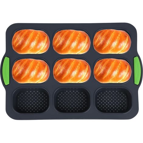 Moule à pain en silicone - Moule à baguettes en silicone - Moule à pain perforé à 9 compartiments - Idéal pour préparer baguettes, petits pains, hot-dogs, etc. - Parfait pour la pâtisserie maison (1/5)