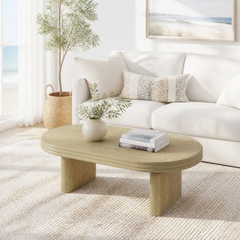 Table basse ovale 120x60x41,5 cm naturelle, base cannelée, MDF et placage en bois, MEUBLIV (1/5)