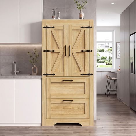 REDOM - Mueble de cocina – 60 x 30 x 128 cm – Con dos cajones y estantes regulables – Diseño tipo puerta de granero – Acabado en madera natural (1/5)