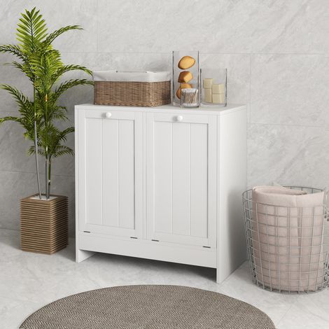 Cesto de ropa sucia con 2 compartimentos abatibles, armario de baño de madera para ropa blanca, 66x33x68cm, blanco