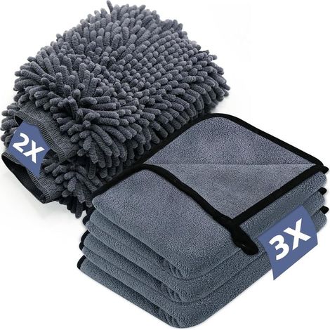 40x30cm Kit Nettoyage Voiture, avec 3 Pièces Chiffon Microfibre Voiture et 2 Pièces Gant Lavage Voiture, 600 GSM Chiffon Microfibre Sechage Voiture, (1/5)