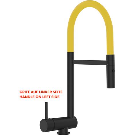 Rubinetto abbattibile VIZIO nero opaco canna abbattibile 6 cm per sottofinestra - canna gialla movibile e doccia 2 getti staccabile - maniglia a sinistra (1/5)
