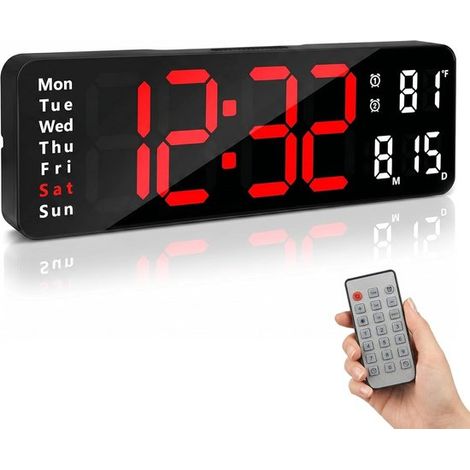 Grande horloge mural numérique LED de 13 pouces avec télécommande - rouge - design moderne, luminosité réglable - affiche l'heure, la date (1/5)