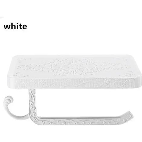 (Blanc) Porte-serviettes de salle de bain avec étagère, distributeur de papier toilette, boîte à mouchoirs et support pour téléphone portable. Facile à utiliser et peu encombrant. (1/5)