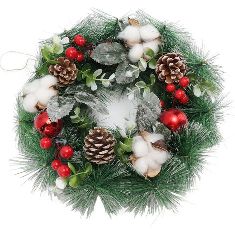 Couronne de Noël en coton et pommes de pin, décoration murale ou de porte, boule de Noël, couronne en rotin, accessoires décoratifs pour les fêtes (1/5)