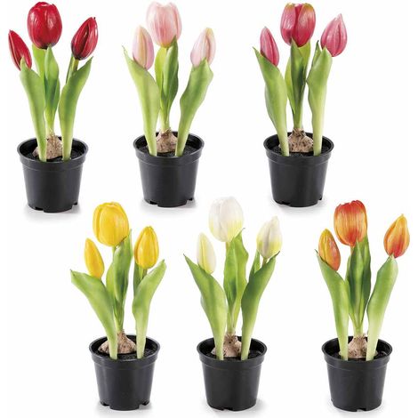 Tulipani piccoli artificiali colorati in vasetto nero, set da 6 pezzi, Ø 7,5 cm x 21 H