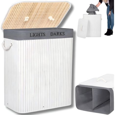 CESTA DE LAVANDERÍA PARA ROPA INTERIOR, CONTENEDOR DE BAMBÚ DE DOS COMBOS, 105 L, BLANCA