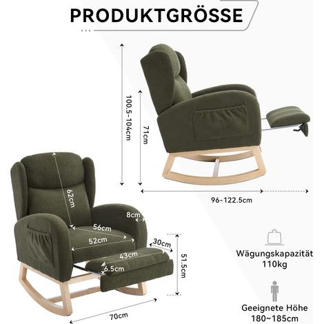 Fauteuil à bascule 049C d’allaitement et de salon, bois, repose-pieds réglable, dossier haut, tissu peluche, poche intégrée, vert – confort optimal (1/4)