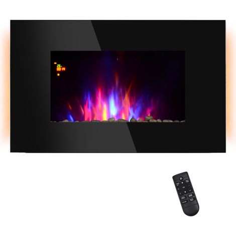 Cheminée électrique Murale LED 7 Effets Flammes + 7 Couleurs Ambiance + Galets télécommande Thermostat 1000-2000 W minuterie Noir