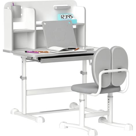 Set Scrivania e Sedia per Bambini Regolabili, Banco Scuola con Piano Inclinabile, Cassetto, Scaffale, Grigio