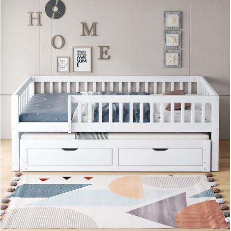 Divano letto multifunzionale 205x95x77.5 cm, letto estraibile, 2 cassetti, sponda di sicurezza, legno, bianco (1/5)