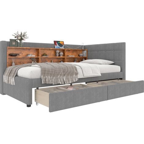 Lit de jour 90x200, banquette, 2 tiroirs, USB Type-C, étagères, sommier, matelas non inclus, lin, gris, pour chambre ado, gain de place (1/4)