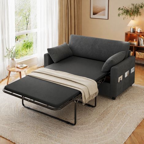 Sofá cama 2 plazas extensible de pana gris con USB, mesa lateral abatible y colchón OKWISH (1/5)