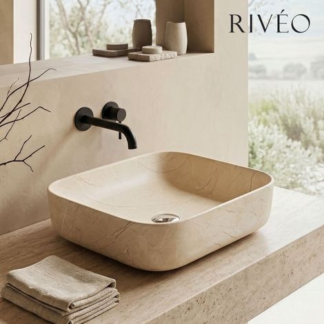 Vasque à poser carrée à angles arrondis beige effet marbre 395 x 395 x 140 mm – Rivéo
