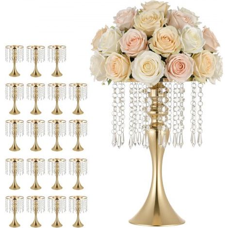 Jarrones Decorativos, Paquete de 20 Piezas, Floreros de Metal Dorados con Cadena de Cristal, Altura de 33,5 cm, Centro de Mesa para Boda, Decoración para Banquete Ceremonia Fiesta Recepción (1/5)