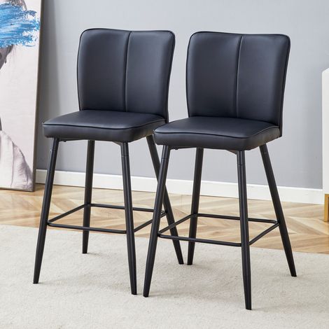 REDOM - Juego de 2 taburetes de bar, respaldo ergonómico, reposapiés cuadrado, patas ajustables, metal y PU negro (1/5)