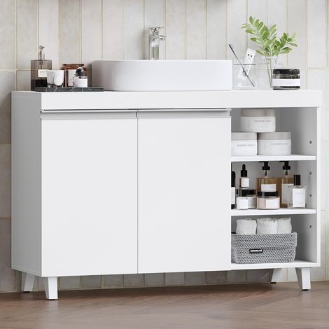 Meuble bas de salle de bain blanc – 2 portes – 3 étagères ouvertes réglables – Rangement spacieux – Montage simplifié