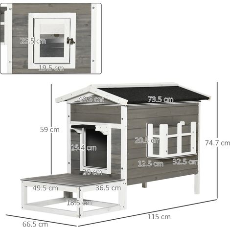 Niche extérieure pour chat et petit chien, cabane en bois sapin avec terrasse et balcon, gris et blanc, 115 x 66,5 x 74,7 cm (1/5)