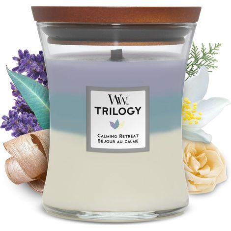 Candela profumata WoodWick con stoppino scoppiettante Candela Trilogy a clessidra media Rifugio di pace Candele profumate a lunga combustione: Fino a 130 ore Il regalo perfetto per le donne (1/4)